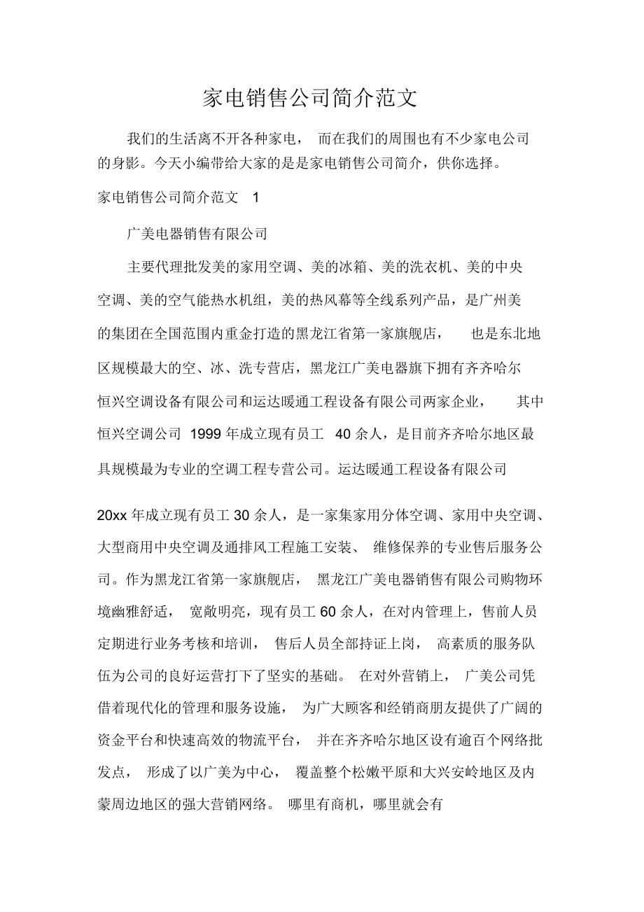 点亮千万家庭，打造品质生活——XX家电销售公司简介